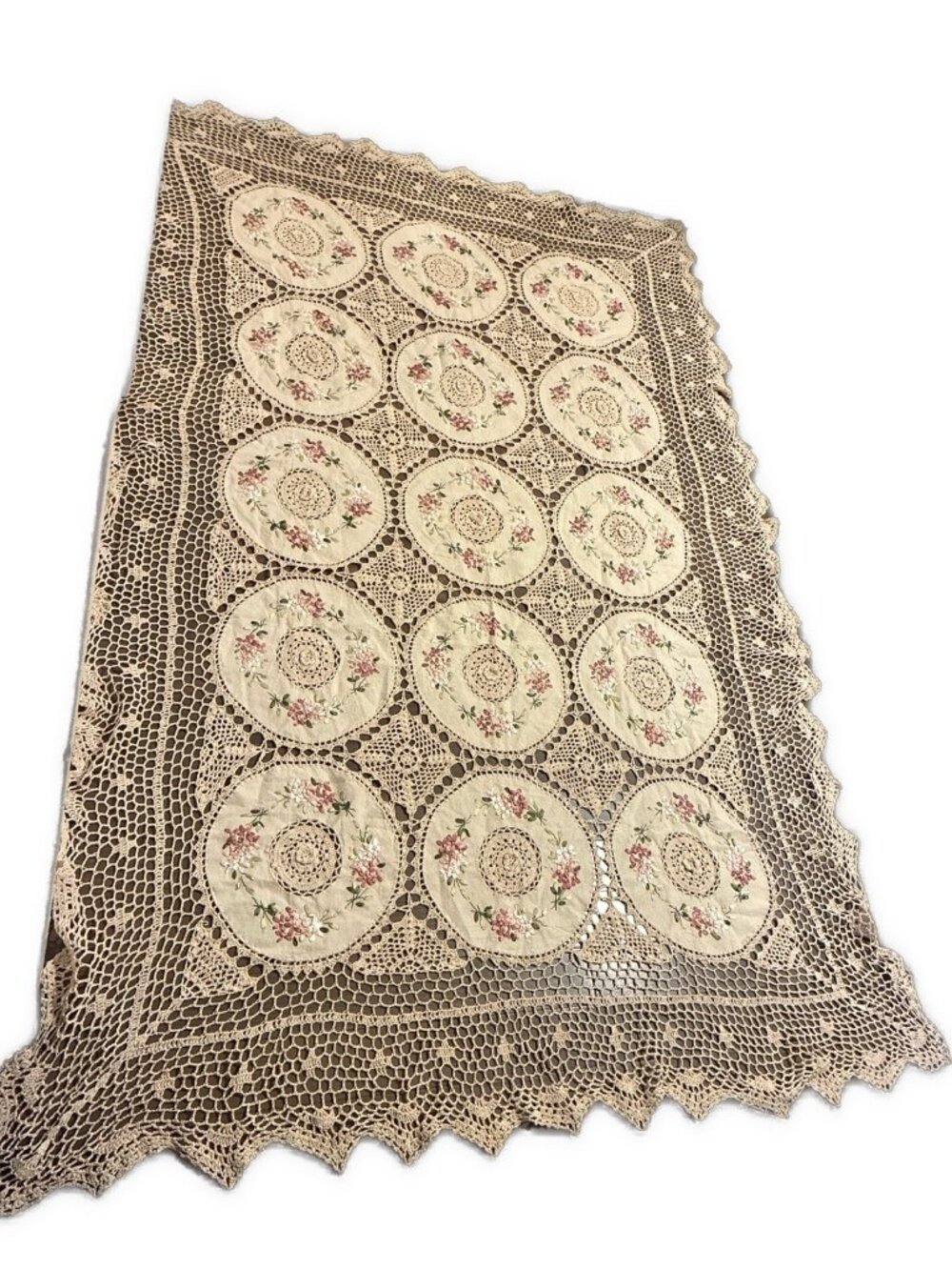 Handmade Crochet Lace Tablecloth Pink Floral Ribbon Embroidery Cottagecore Large